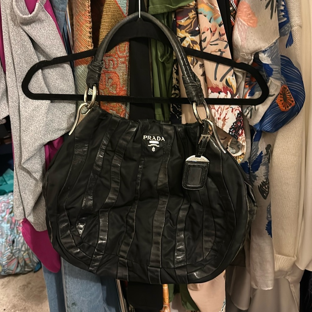 Prada leather and canvas hobo slouch tote bag purse